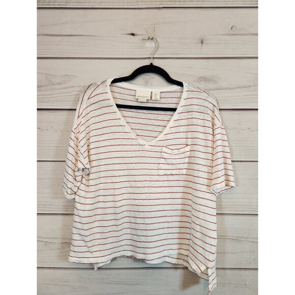Cynthia Rowley‎ Women's White Red Striped V-Neck Short Sleeve T-Shirt Size Small - Picture 1 of 5